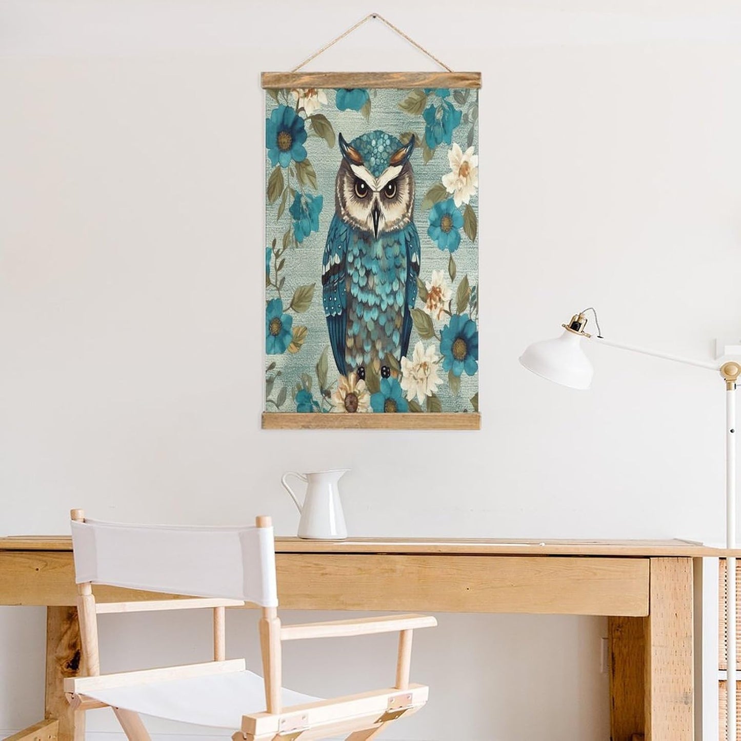 Vintage Owl Spring Flowers Turquoise Poster with Wooden Frame Personalized Linen Hanging Scroll Painting Rustic Wall Hanging Illustrative Modern Artwork Decor for Home Living Room Bedroom Office