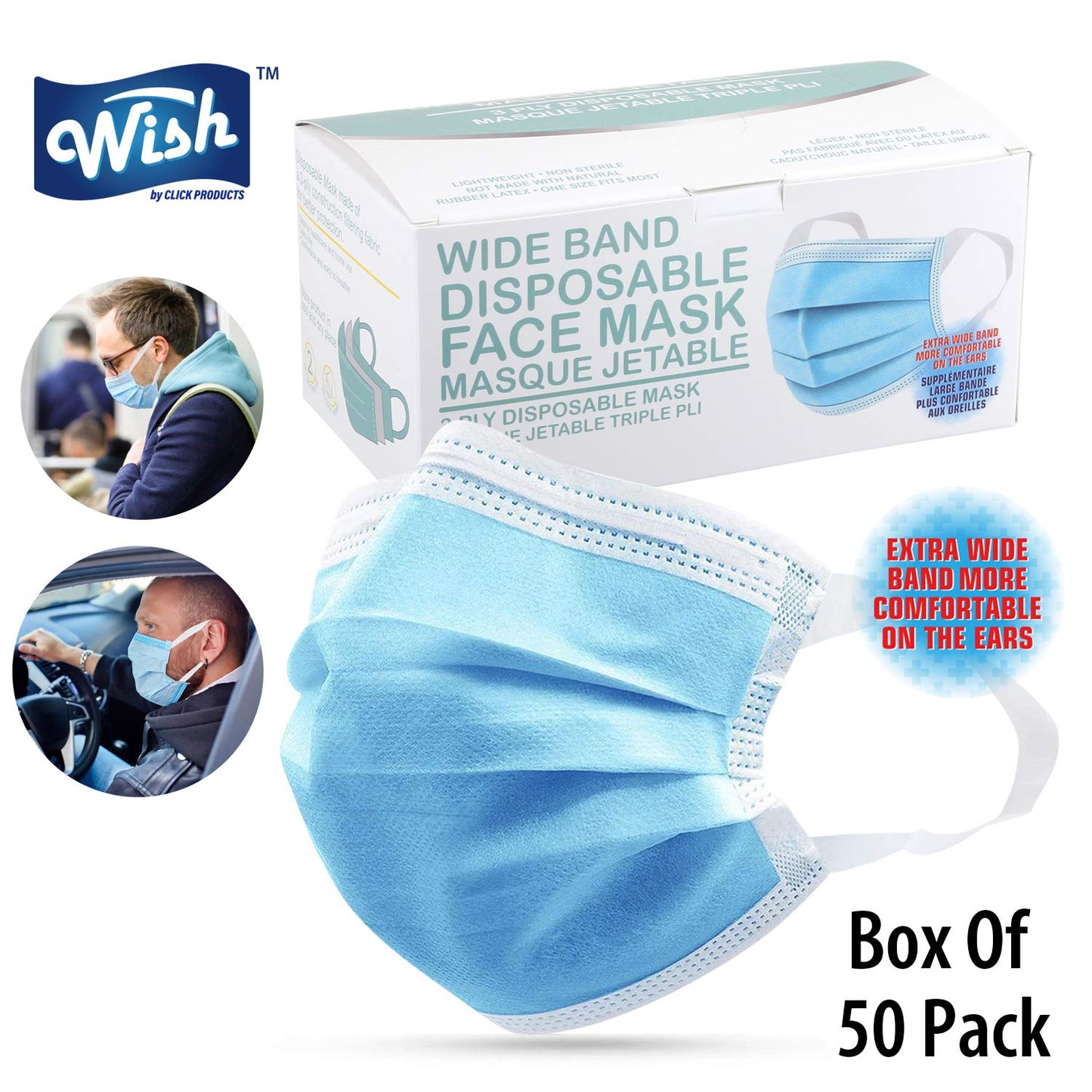 Wish Disposable Face Masks, Pack of 50, Wide Ear loop For Extra Comfort, 3 Ply, Ships from USA