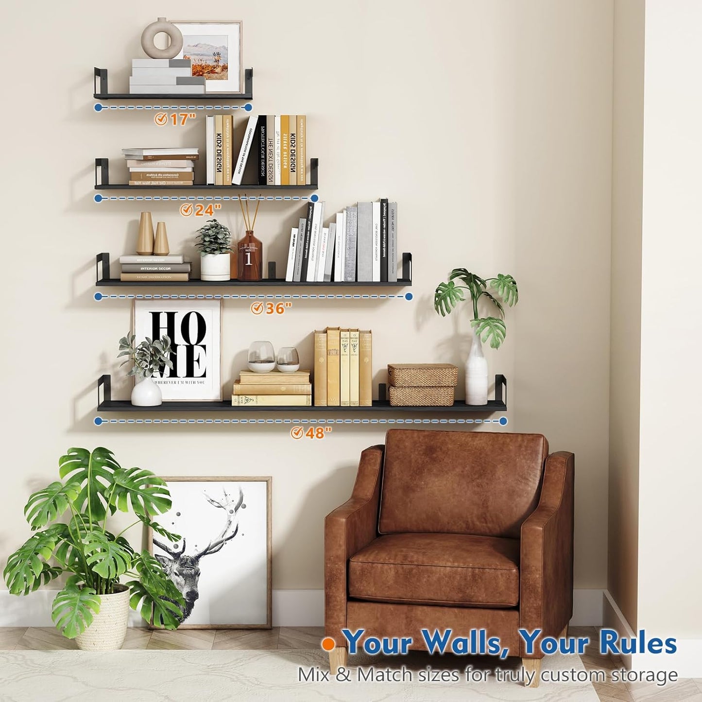 Wall Mounted Bookshelf, Floating Bookshelves for Bedroom, 17 Inches Long Wall Mount Book Shelves for Living Room Office Books, Black Wall Book Holder Bookcase (Set of 3)