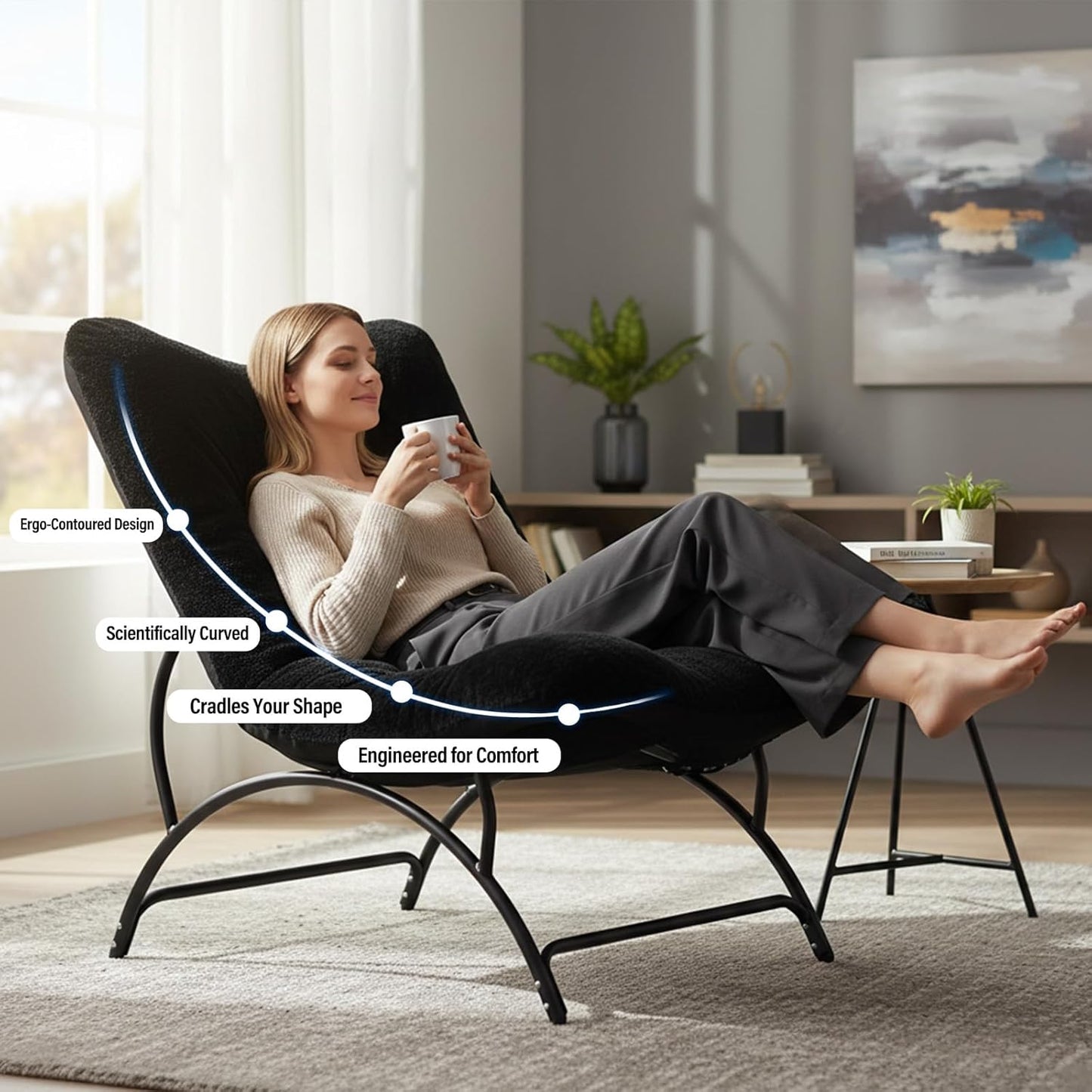 Tiita Accent Lazy Chair, Comfy Lounge Chair with Metal Frame and Plush Fabric, Spacious Seat Cozy Recliner Chair for Reading Room, Living Room, Bedroom, Office, Black