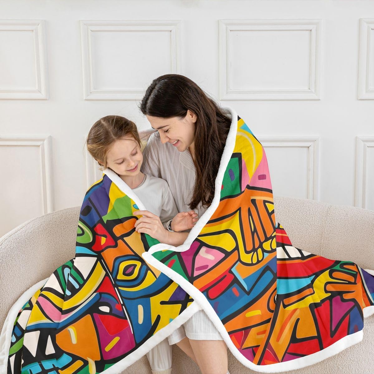 Castle Fairy Graffiti Art Throw Blankets,Abstract Human Pattern Fleece Blanket,Kids Girls Boys Adult Urban Street Painting Art Fuzzy Blankets Modern Hippie Sherpa Blanket Chair Sofa Bed Decor,90"×90"