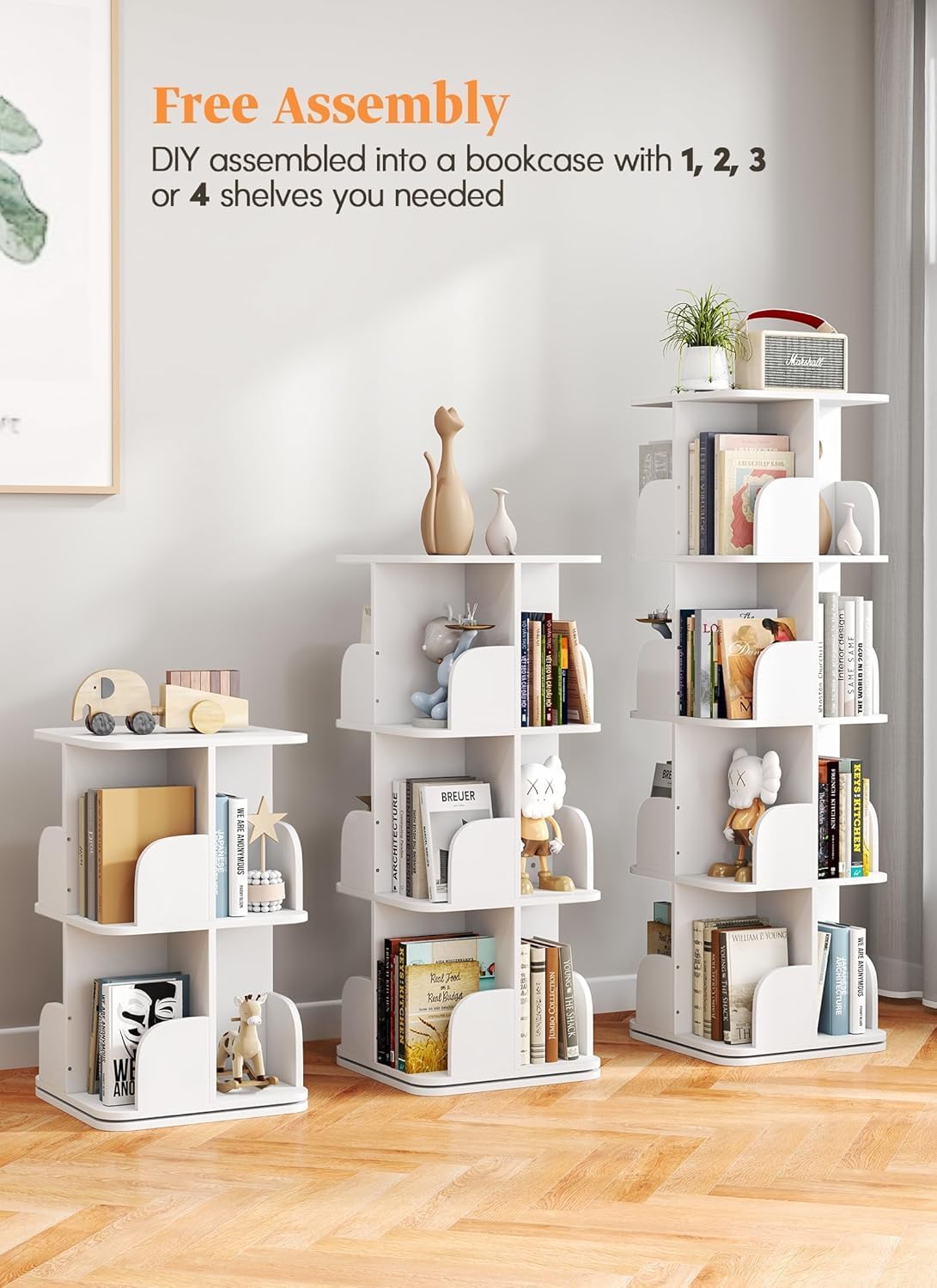 Rotating Bookshelf Tower, 4 Tier Spinning Square Bookshelf for Small Spaces, 360 Display Kids Bookshelves, Revolving Bookcase Floor Standing Storage Rack, White