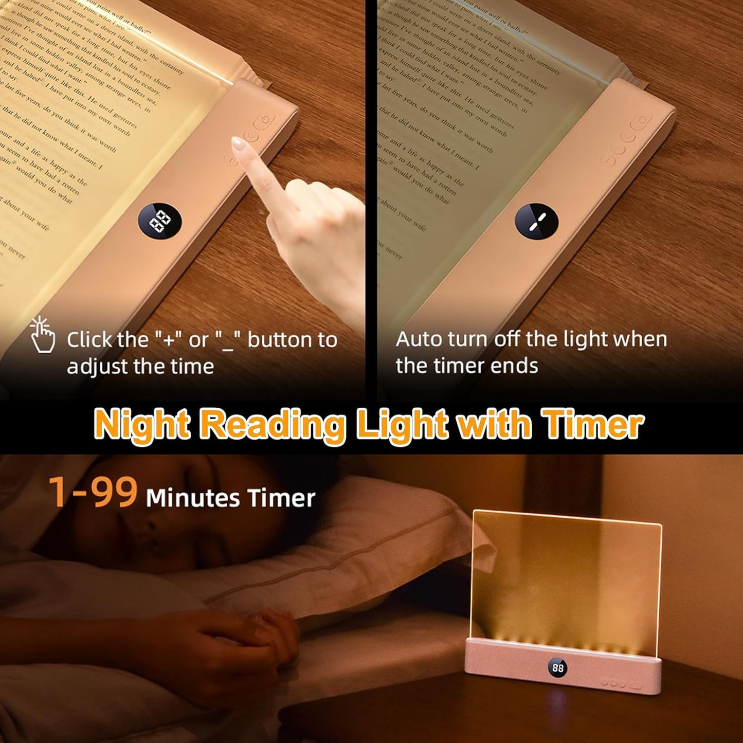 Book Light, Rechargeable Reading Lights for Books in Bed - Eye Caring 3 Color Temperatures, Stepless Dimming Brightness, Timer, Long Lasting, Portable Flat Book Light for Book Lovers (Pink)