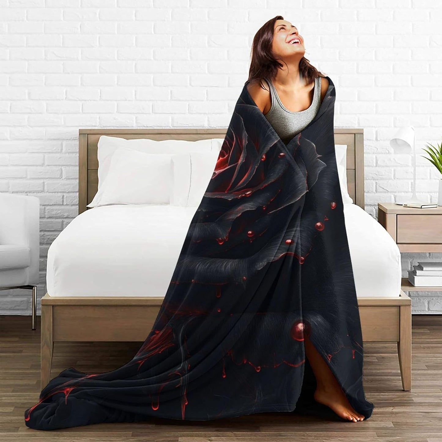 Rose Blanket Gifts for Women Girls Mom Wife, Flannel Goth Black Rose Throw Blankets for Bed Living Room Sofa Couch Traveling Camping, Soft Warm Lightweight Plush Rose Decor 50x60in