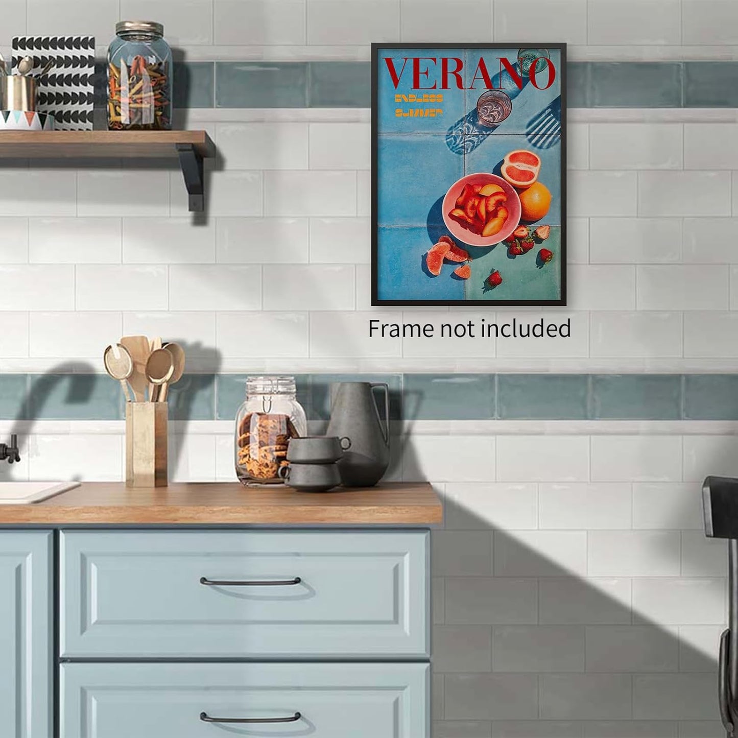 jkahh Minimalist Blue Retro 70s Posters Summer Orange Fruit Wall Art Trendy Travel Food Strawberry Canvas Prints for Kitchen Bedroom Wall Decor 12x16 inch Unframed