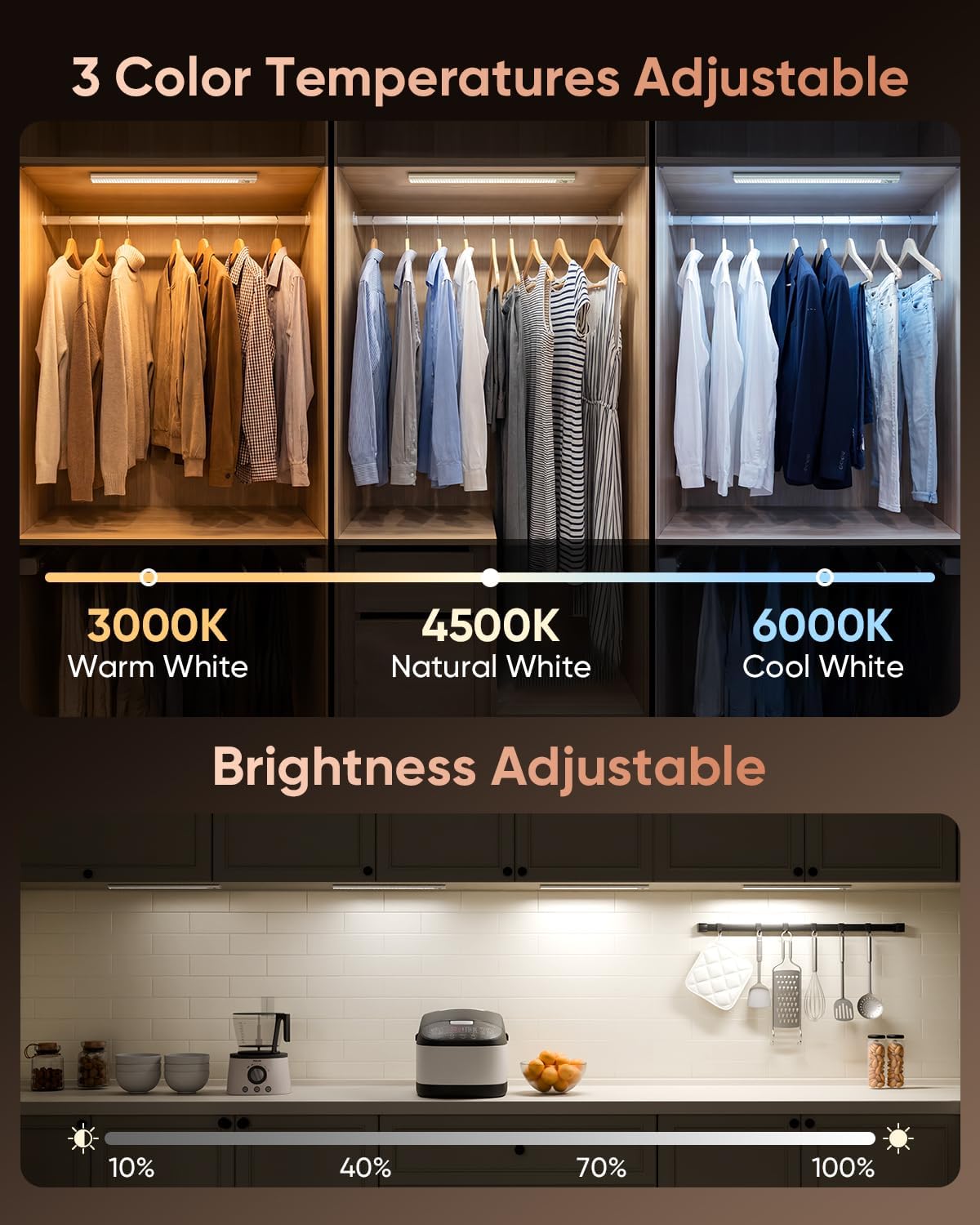 12inch Under Cabinet Lighting, 152LED Motion Sensor Light Indoor, Rechargeable Closet Lights, 3 Color Temps, Dimmable, Magnetic Wireless Under Counter Lights for Kitchen, Stairs, Pantry, 1 Pack