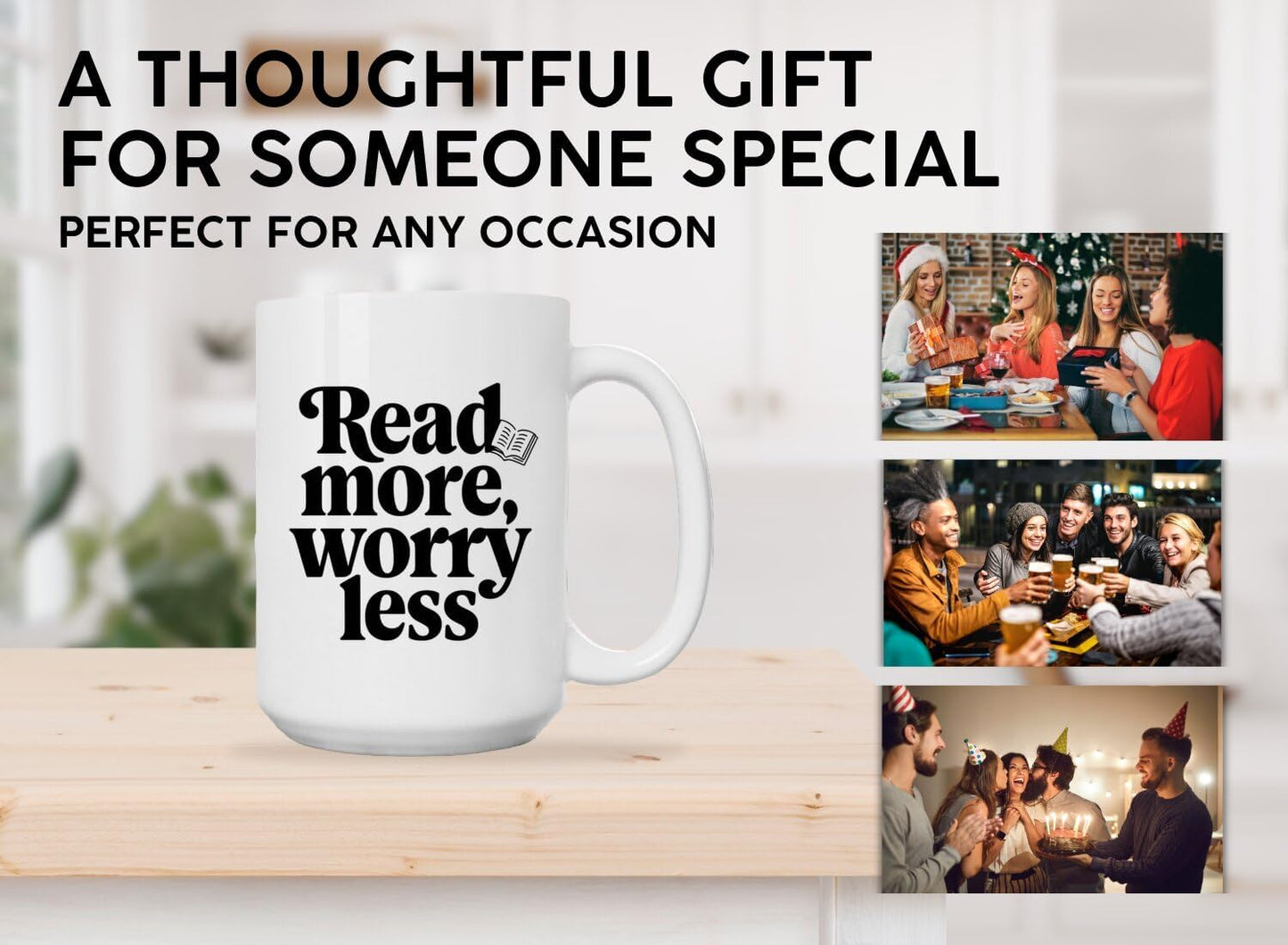 Book Lover Coffee Mug 15oz White - Read More - Gift for Bookworm Reader Reading Lover Bookish Women