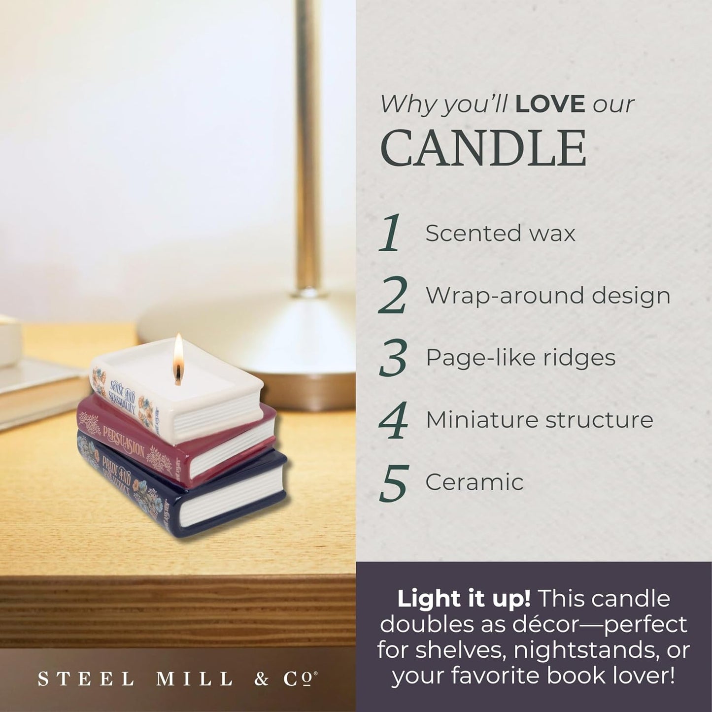 Steel Mill & Co Novelty Shaped Book Theme Scented Candle, Library Stack 6.5 oz Wax Candle with Notes of Earl Gray Tea and Honey, Unique Gift for Mother's Day (Jane Austen)