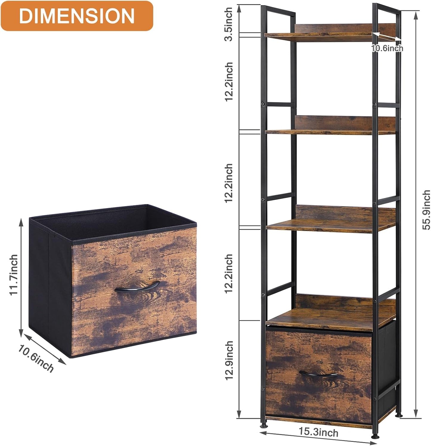 5 Tier Bookshelf with Drawer Wood Metal Rustic Brown,Bookcase with Shelves Tall Narrow, Shelf with Cabinet,Corner Book Shelves Storage Organizer, Display Standing Shelves Unit Bedroom,Living Room