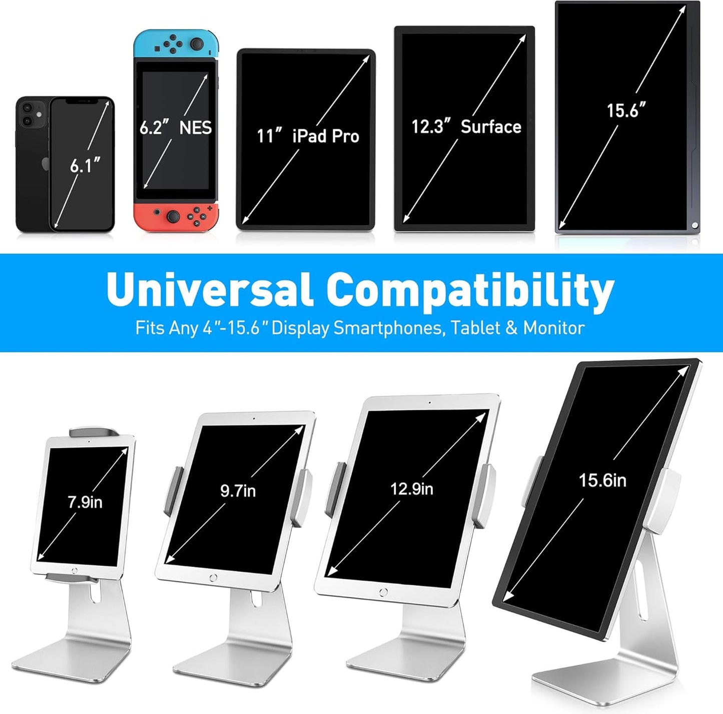 AboveTEK Elegant Tablet Stand, Aluminum iPad Stand Holder, Desktop Kiosk POS Stands for 7-15.6 inch iPad/Portable Monitor, Tablet Mount for Showcase Office Reception Countertop