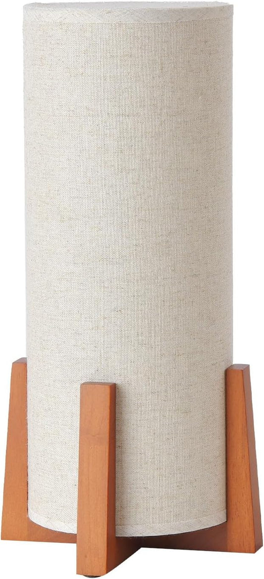 KUNJOULAM Modern Table Lamps, Nightstand Lamp with Linen Fabric Shade Brown Wooden Base, 13.9" Cylinder Bedside Table Lamp for Bedroom, Cafe, Living Room Home Decor