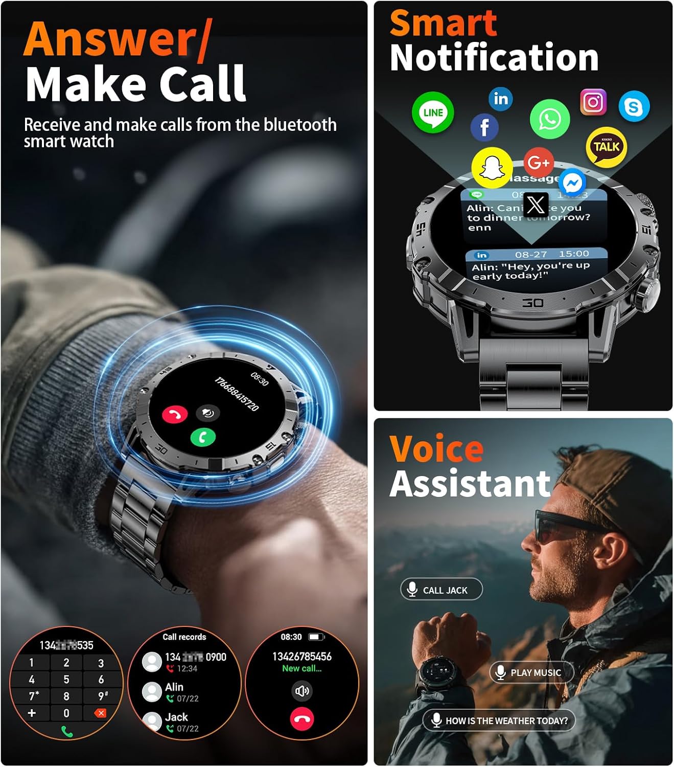 Smart Watches for Men 1000mAh Battery/Flashlight/3 Straps, 1.7" Ultra HD Screen Outdoor Smartwatch with 111 Sports Modes, Heart Rate/Sleep/Calorie Monitor, 5ATM Waterproof Fitness Tracker Android iOS