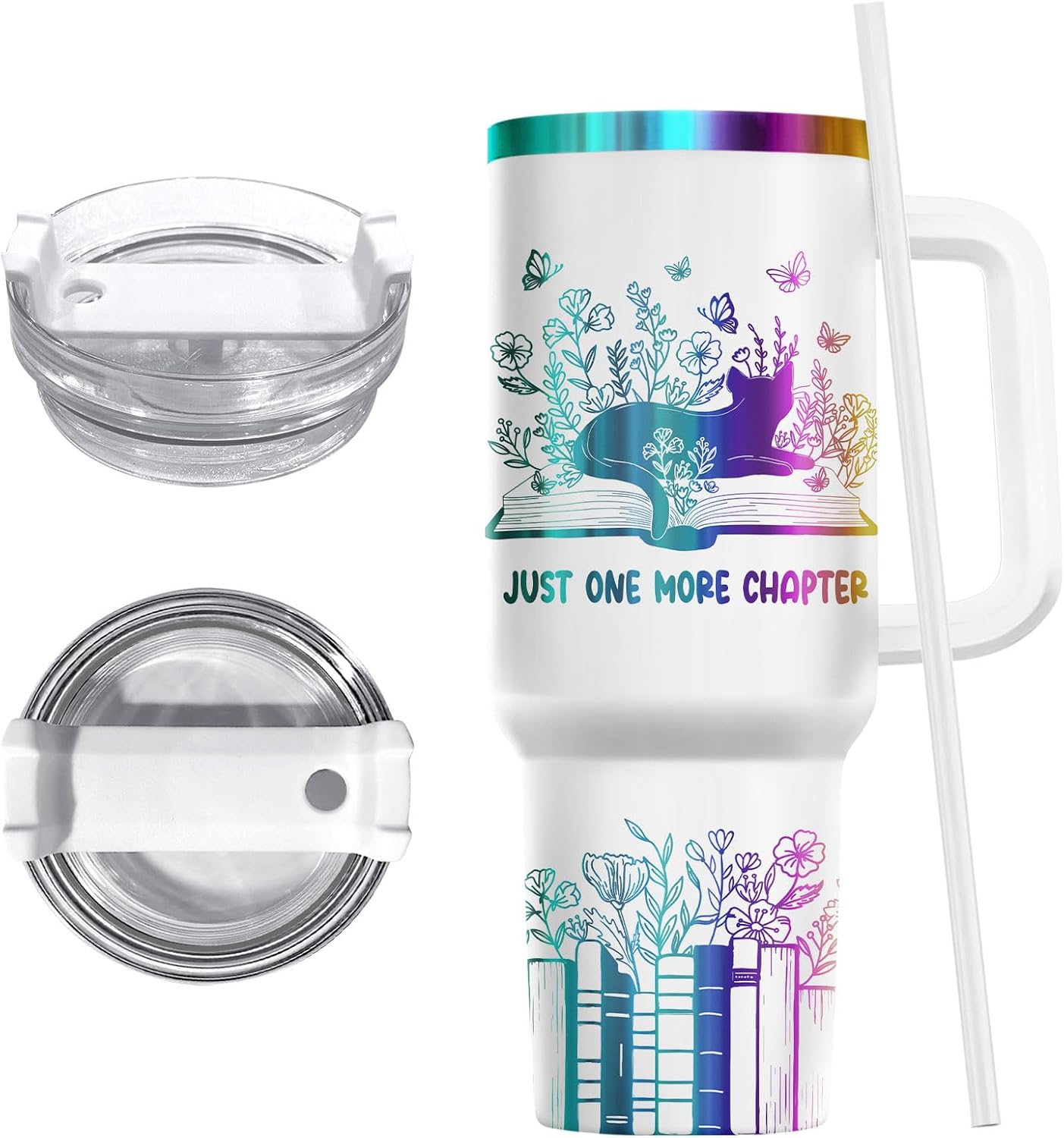 34HD Engraved Cat Mom Tumbler with Handle and Straw, 40oz Cute Gradient Book Cup Stainless Steel, Bookworm Coffee Mug, Cat and Book Birthday Gifts for Women Men Friends