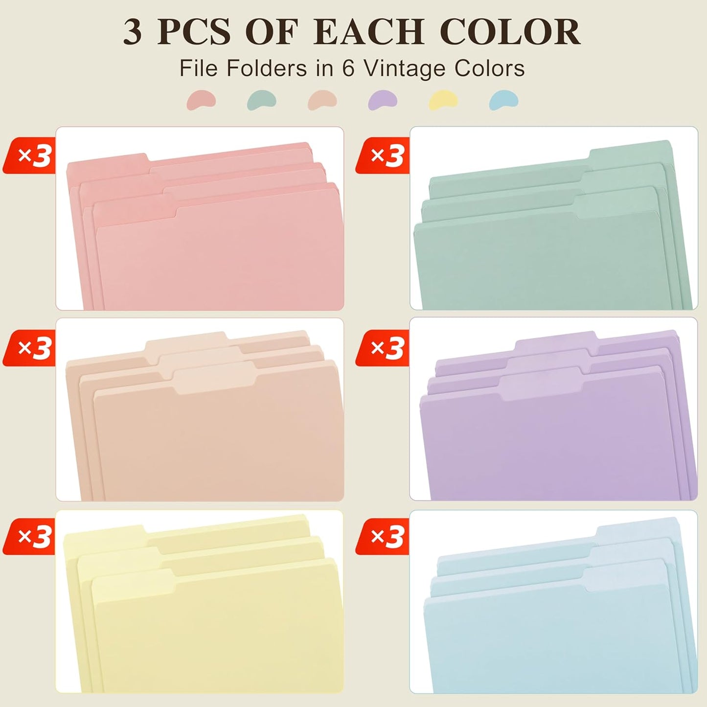 Color File Folders, 1/3-Cut Tabs, 18 Pack File Folder Letter Size, 6 Pastel Colors Organizer File Folders for School Home Office Business