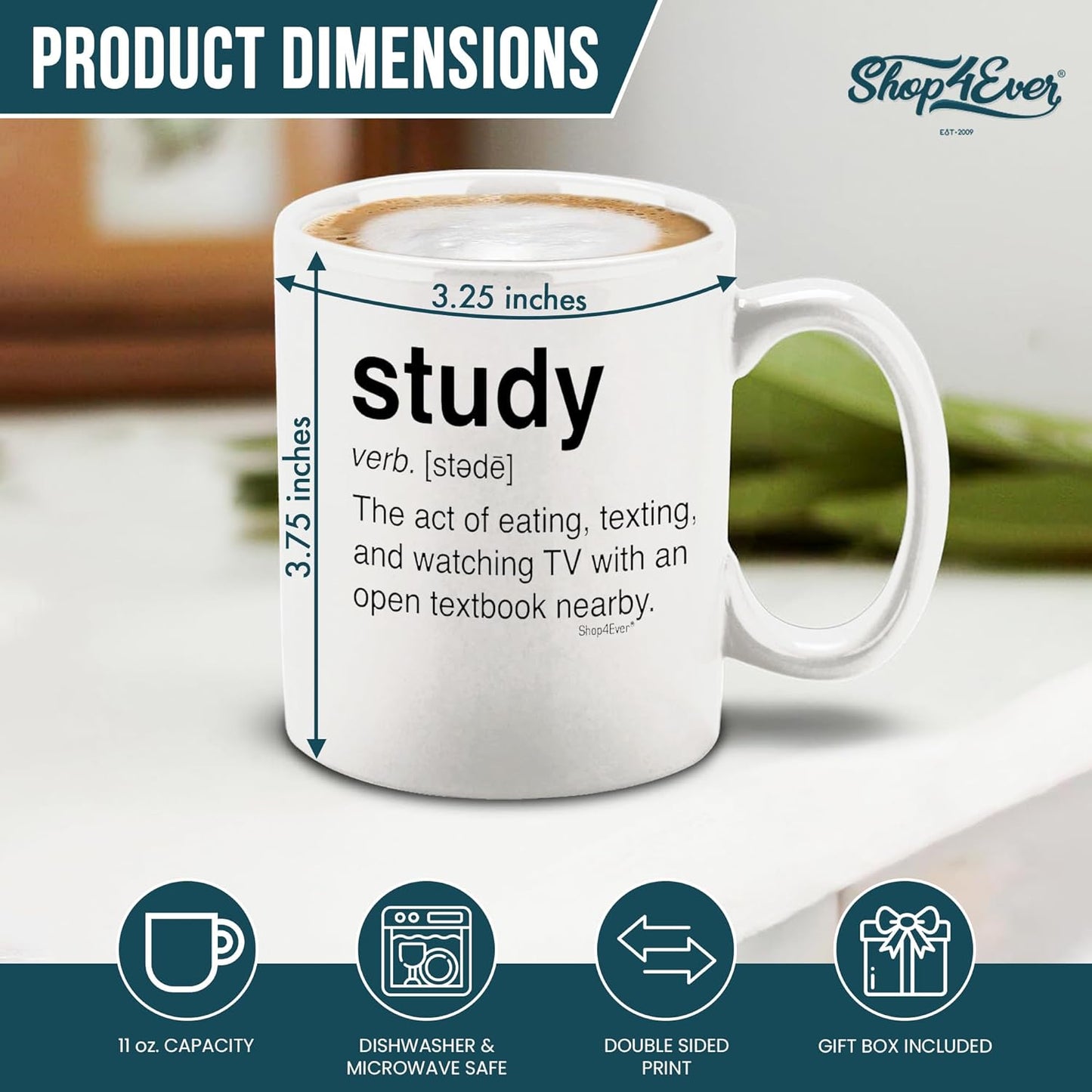 shop4ever Study Definition Ceramic Coffee Mug Tea Cup, Gift for College Student Graduate 11 oz (White)