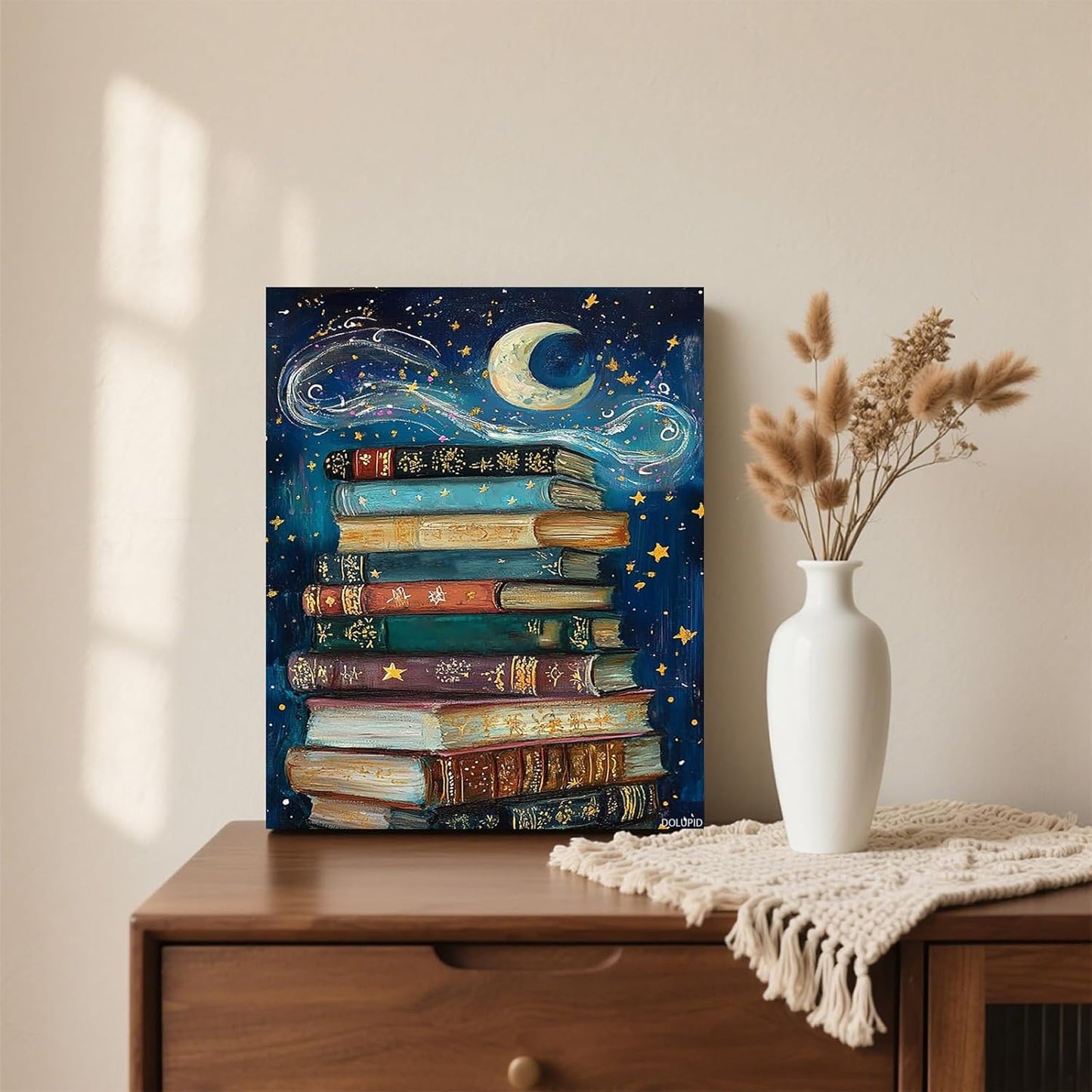 Books in the Stars, Reading Nook Print, Fantasy Print, Cozy Home Decor, Book Lover Gift, Reading Room Decor, Wall Art, Library Bedroom Modern Bookish Concept Home Decoration, 8x10inch Framed