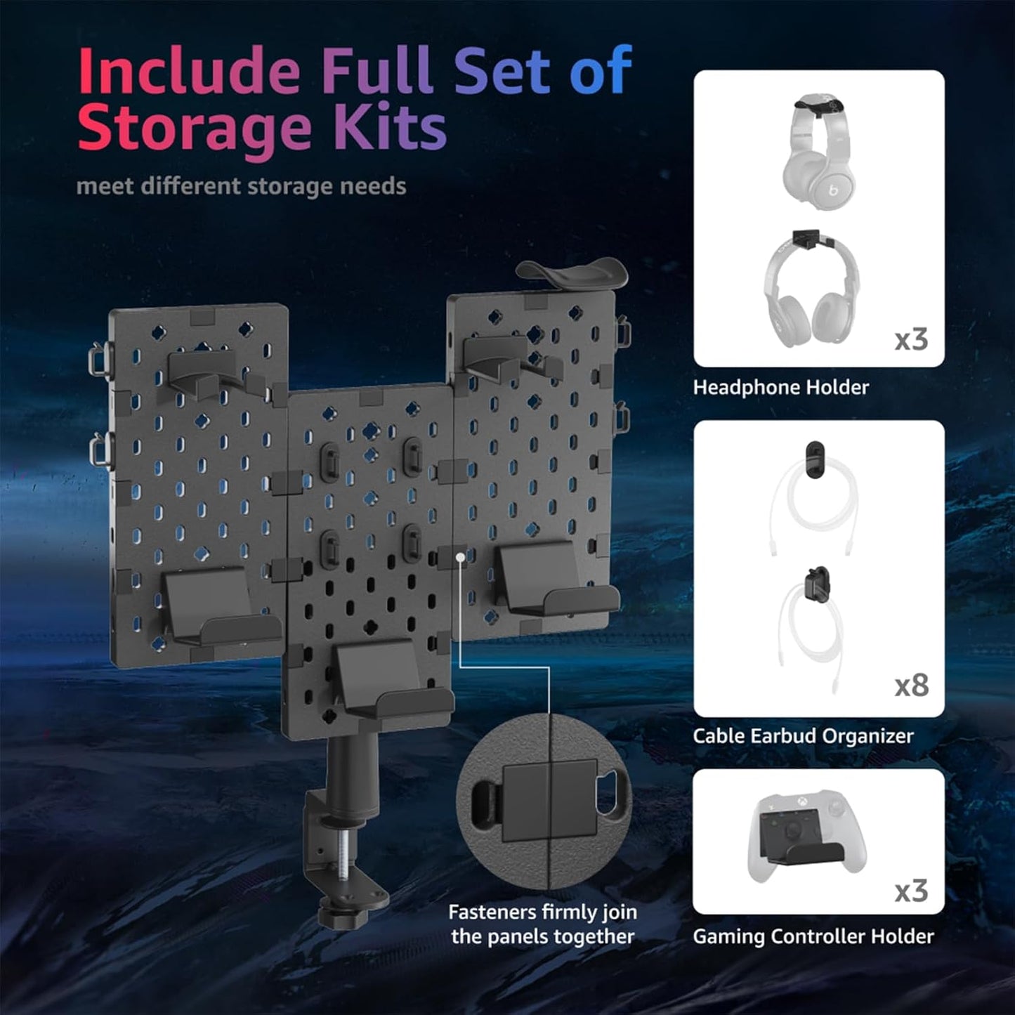 PEGZONE 3PCS Modular Headphone and Controller Holder for Game, Clamp-on Pegboard, Rotatable Controller Stand with Cable Hooks, Gaming Accessories, 3Pcs Pegboard, Black