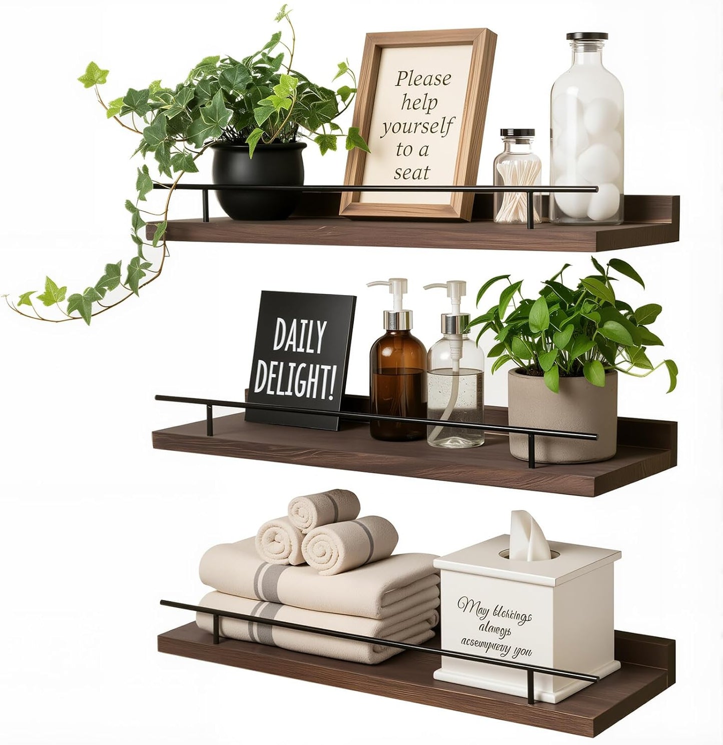 Floating Shelves Set of 3, 15.74 inches Rustic Wood Wall Shelves for Bathroom，Bedroom, Living Room, Kitchen & Book, Hanging Display Decor Organization Shelf with 22 lbs Capacity