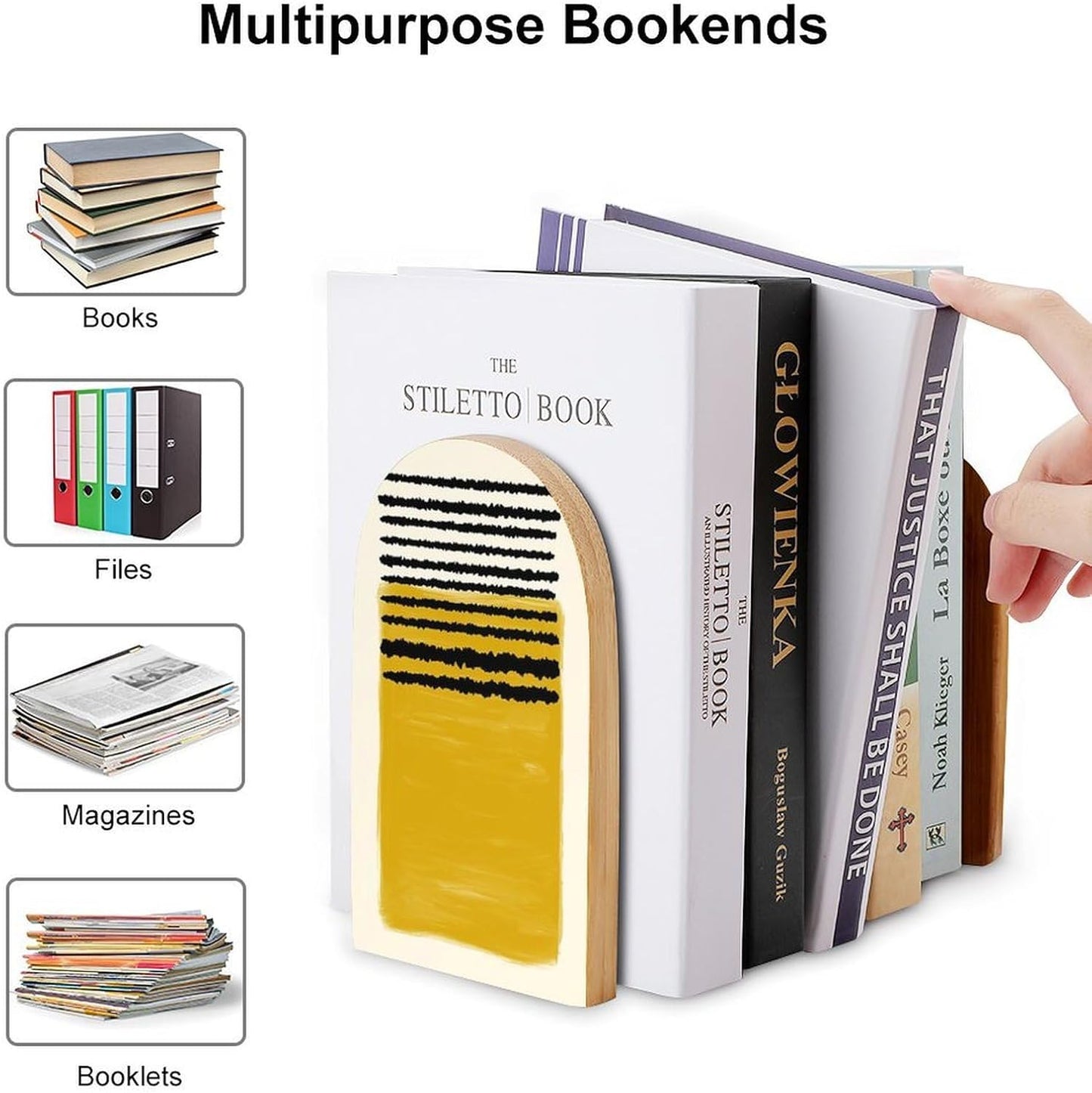 Mustard Yellow Lines Wooden Bookend Non-Slip Book Ends Heavy Duty Book Stopper with Metal Base Books Holderd Decorative Bookends Stands Firmly for Office Supplies