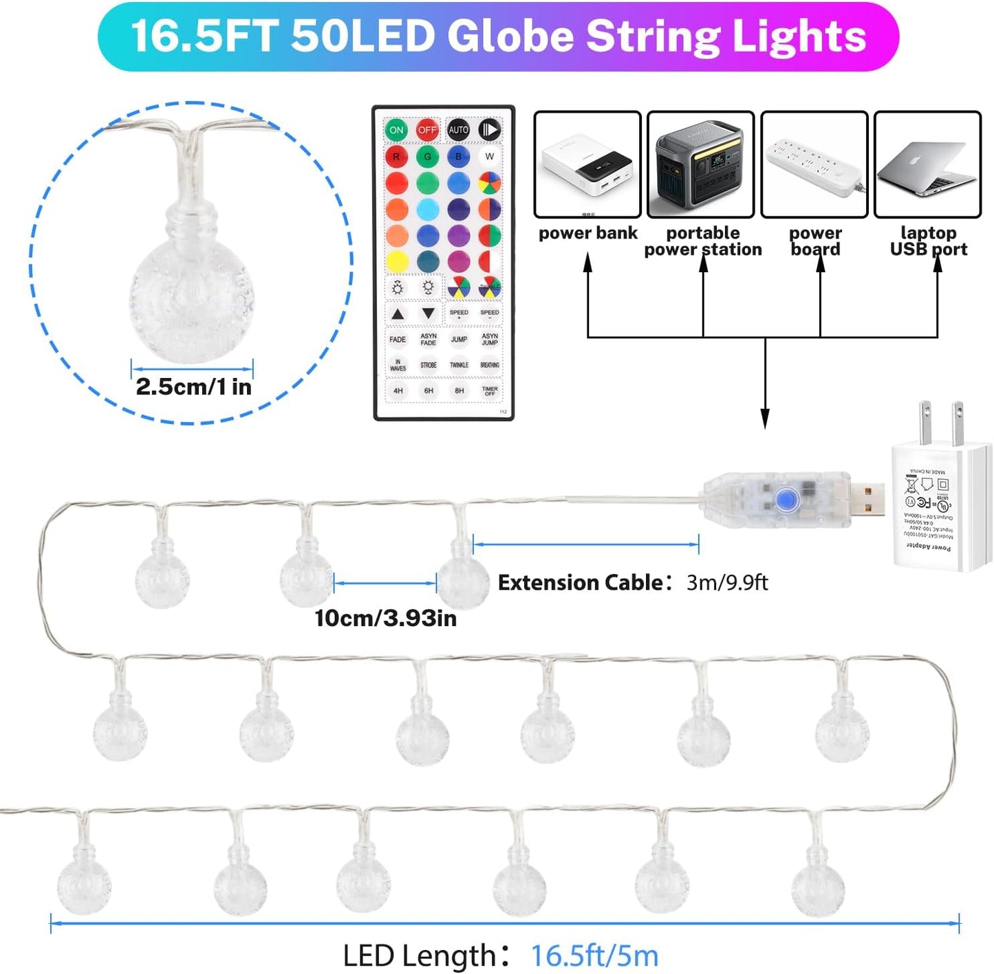 OMIKA Color Changing Indoor String Light USB Plug, 16.5ft 50 LEDs Crystal Globe Fairy Lights with Remote Timer Ambient Lighting for Girls Bedroom Home Xmas Halloween Party Decor (24 Colors)