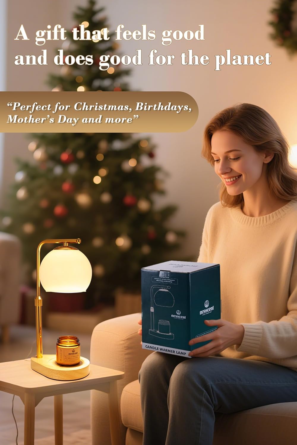 White Glass Candle Warmer Lamp Adjustable Height Dimmer 2 4 8 Hour Timer Natural Wood Base Wax Melter Includes Scented Candle and 2 Bulbs for Bedroom Living Room Modern Minimalist Decor