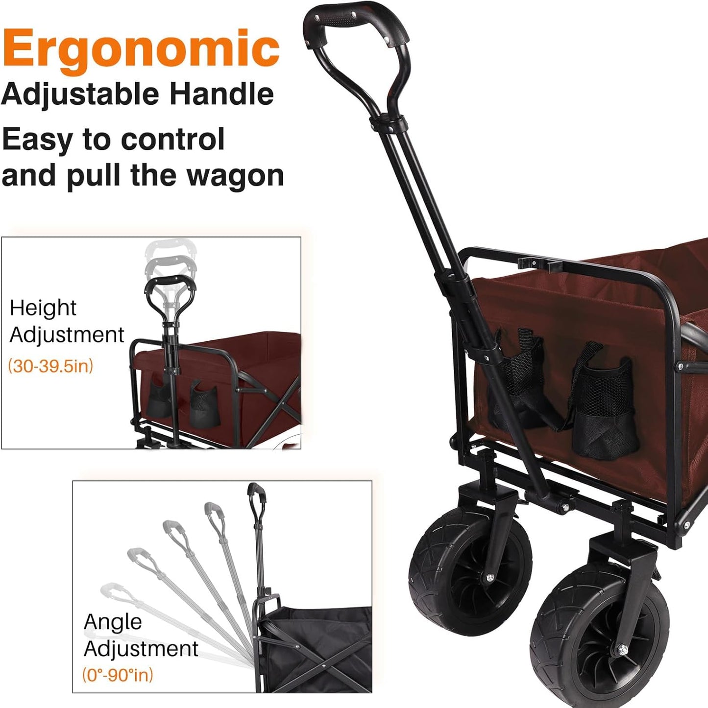 cjc 330LBS Collapsible Folding Wagon Cart,150L Capacity Outdoor Utility Wagons Carts Foldable with All Terrain Wide Wheels & Brakes, 600D Oxford Heavy-Duty Wagon for Camping Beach Garden(Brown)