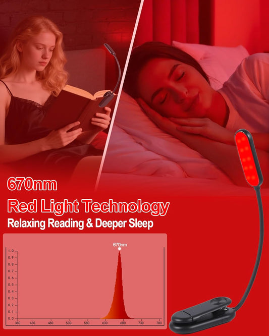 670nm Red Book Light [1 Pack] - Zero Blue Light, Rechargeable Clip On Red Reading Light Lamp for Reading at Night - Poratble Dimmable LED Book Lamp, Gift for Lovers Travel Studying Nursing