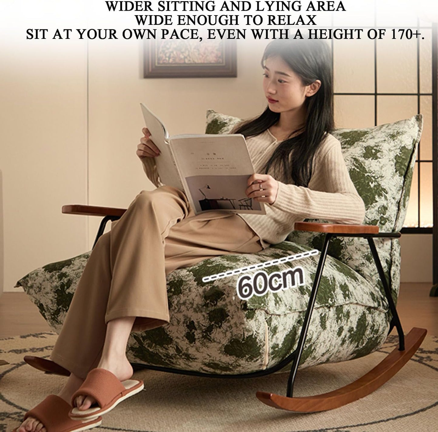 LSLYTQ Retro Adult Rockchairs, Backrest Chair W Footstool, W Large Seat Bag Rocking Chair, Reading Chair, Reclin, Deck Chair, Bedroom Living Room Balcony Trace Sun Loung,E