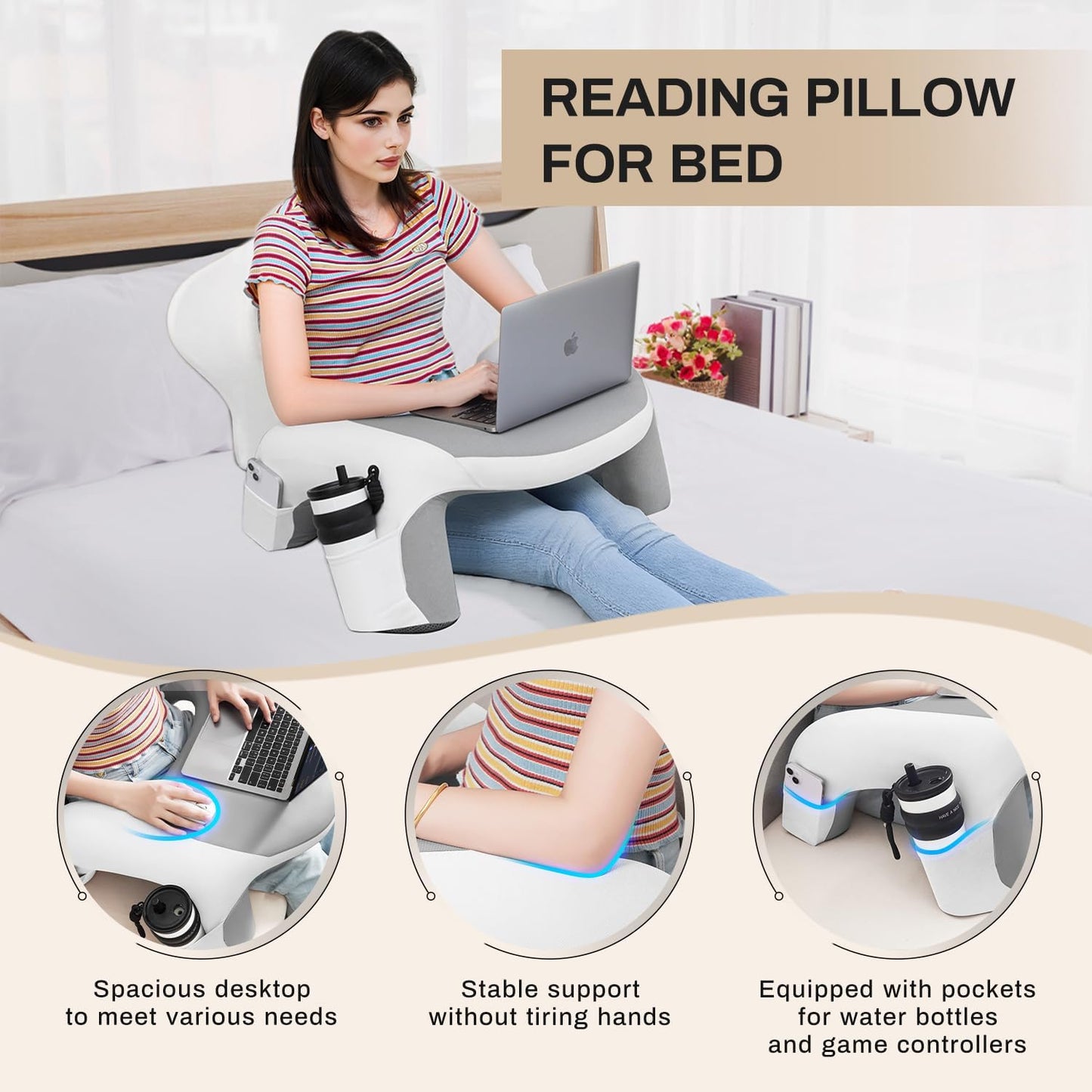 Laptop Lap Desk, Reading Pillow for Bed, Memory Foam Arm Rest Support Gaming Pillow with Cup/Phone Pocket, Laptop Lap Desk for Working, Gaming, Reading on Couch Bed Floor- White