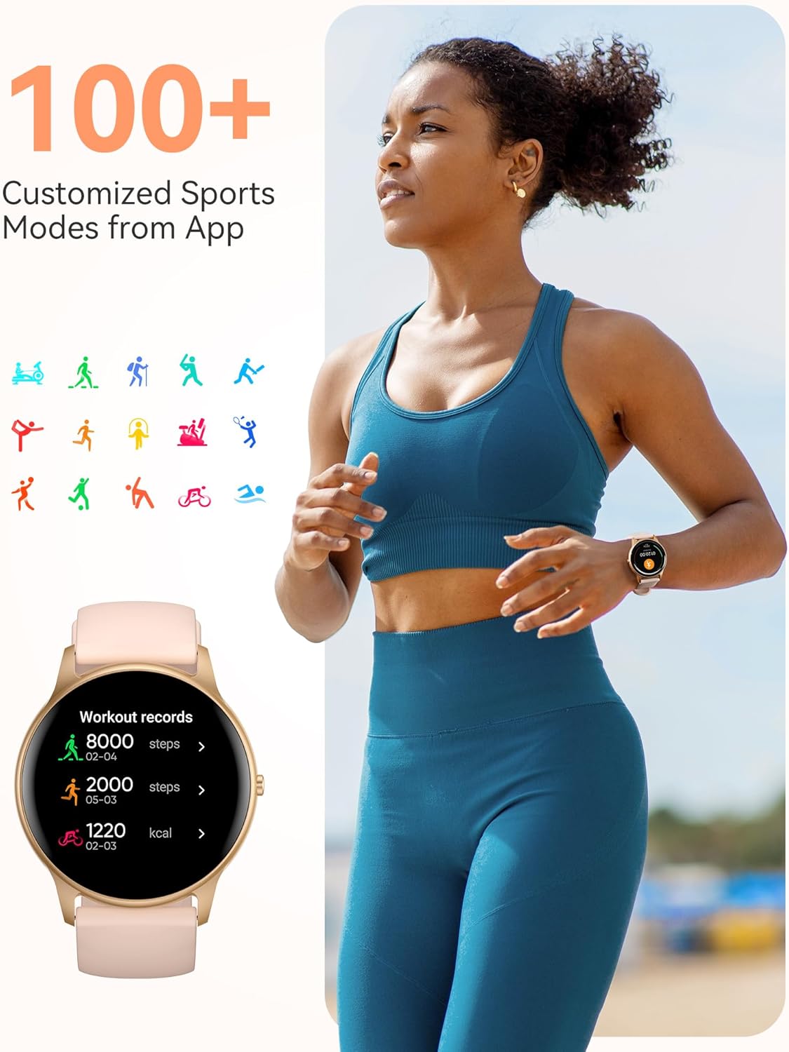 AGPTEK Smart Watch for Women, 5ATM Waterproof Smartwatch for Android and iOS Phones, Fitness Tracker Watch with 100+ Sports Modes, Heart Rate Monitor Pedometer Sleep Monitor, Pink