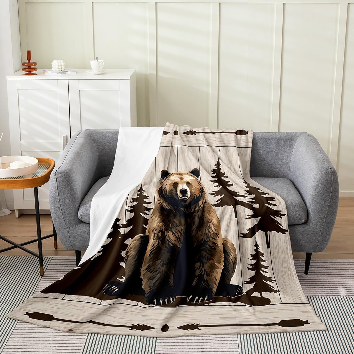 Feelyou Bear Flannel Fleece Blanket Retro Western Rustic Plush Throw Blanket, Animal All Season,Bed Blanket for Sofa Couch Kids Microfiber Arrow Wooden Paw Room Decor 40"x50"