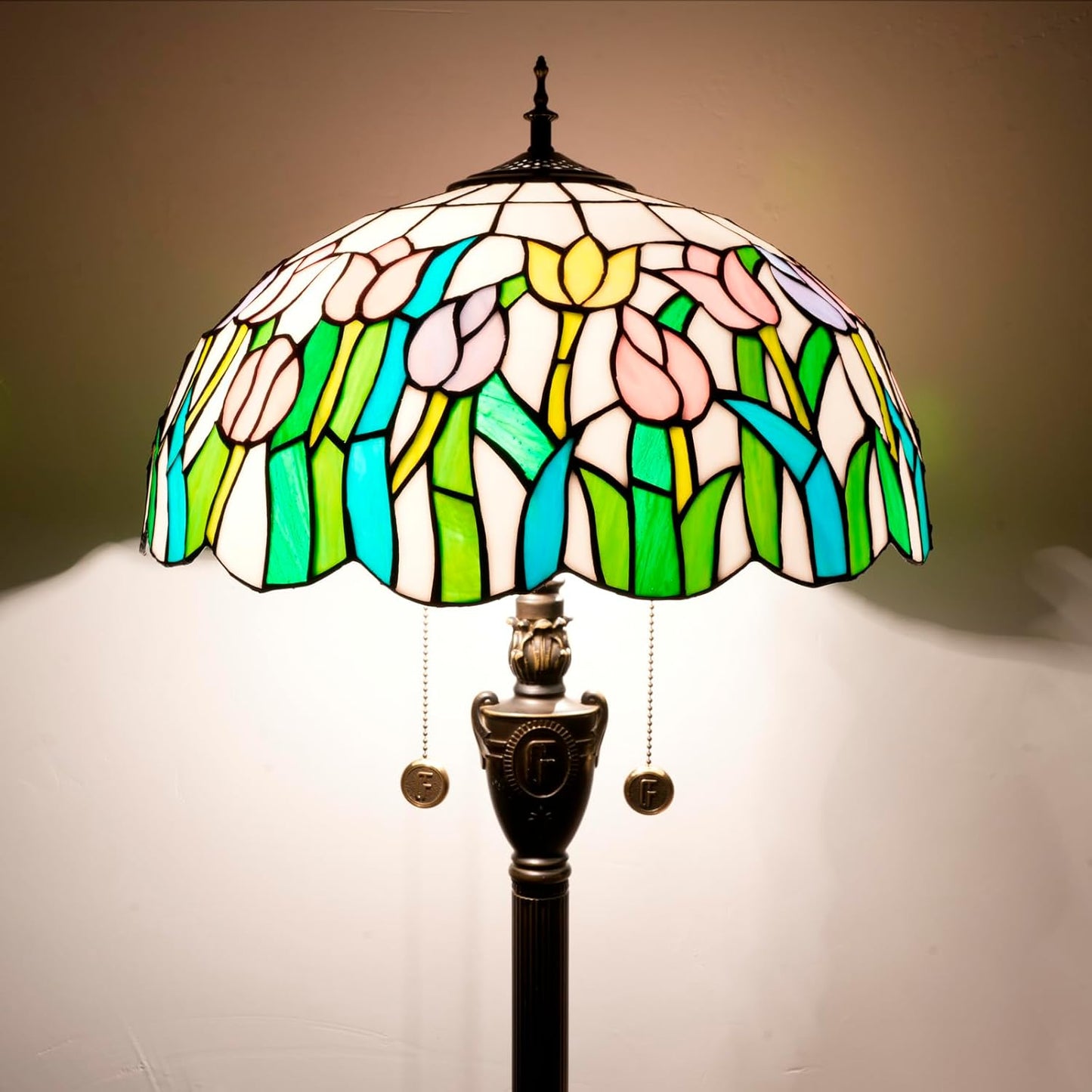 Tiffany Floor Lamp Pink Orange Tulips Stained Glass lamp for Living Room Bedroom Office Bright Lighting Rustic Corner Decor Standing Tall Unique Vintage Reading Aesthetic Light