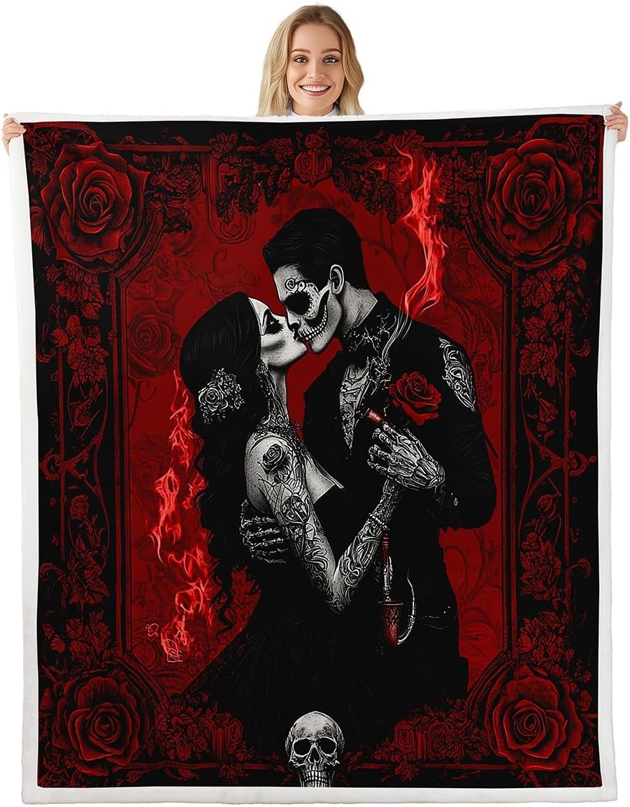 Erosebridal Skull Couple Blanket,Kissing Lovers Skeleton Throw Blanket 40x50,Vintage Rose Flower Fleece Blanket,Gothic Spooky Lover Sherpa Blanket Valentine's Day Fuzzy Blanket