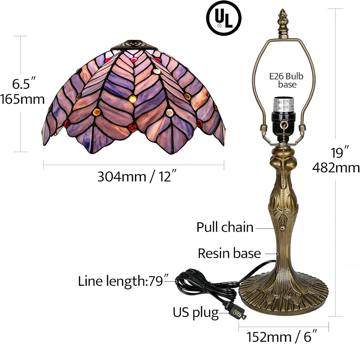 Tiffany Style Lamp, Blue Purple Stained Glass Coconut Leaf Table Lamp, Vintage Accent Reading Light Decor Bedroom Living Room Home Office W12H19 Inch