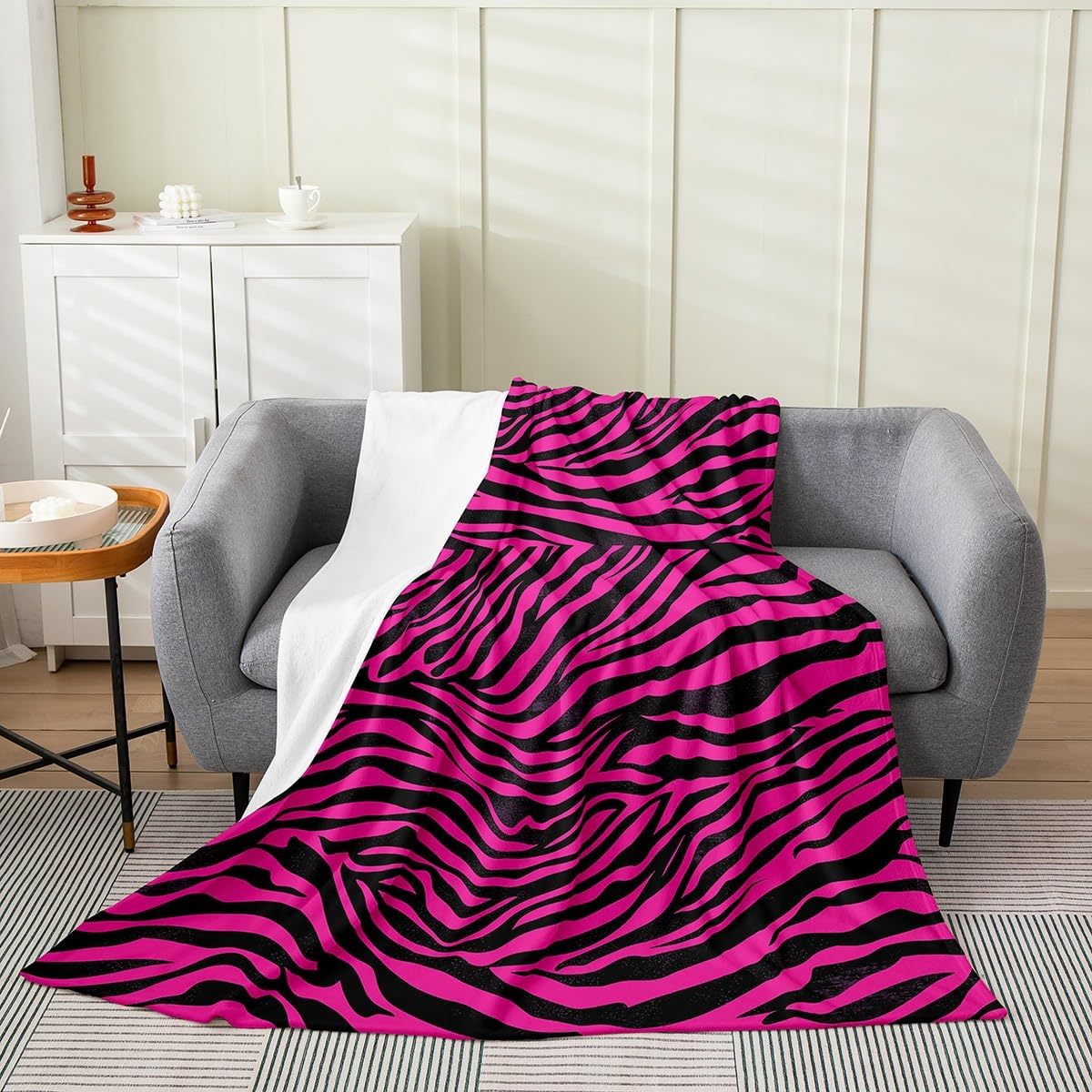 Feelyou Zebra Blanket Queen 90"x90" Animal Print Plush Throw Blanket for Kids Boys Girls Decor Hot Pink Flannel Fleece Blanket Abstract Art All Season Bed Blanket Stripes