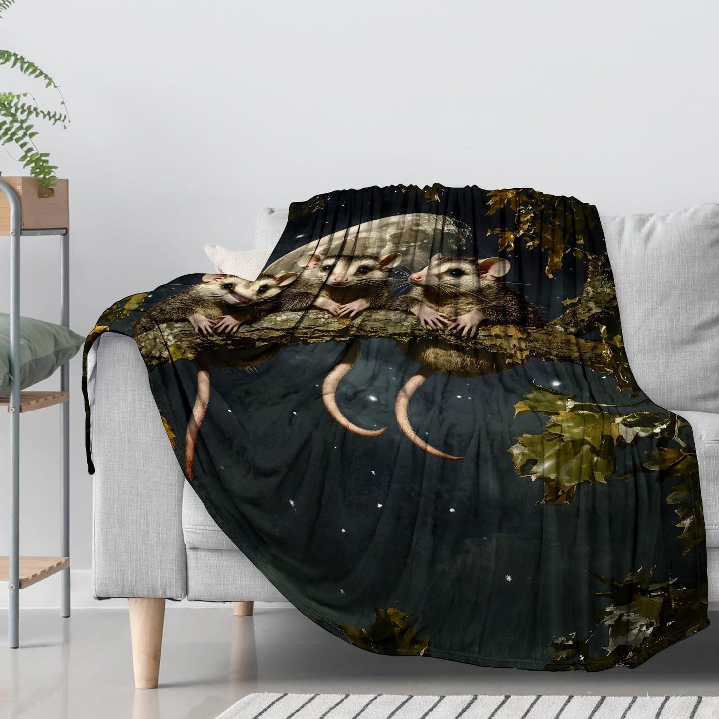 Moonlight Opossum Flannel Throw Blanket 60x80 Inch, Possum on Tree Branch with Full Moon Blankets Soft Cozy Fleece Throws for Animal Lover Bed Sofa Dorm Living Room Home Decor Gifts