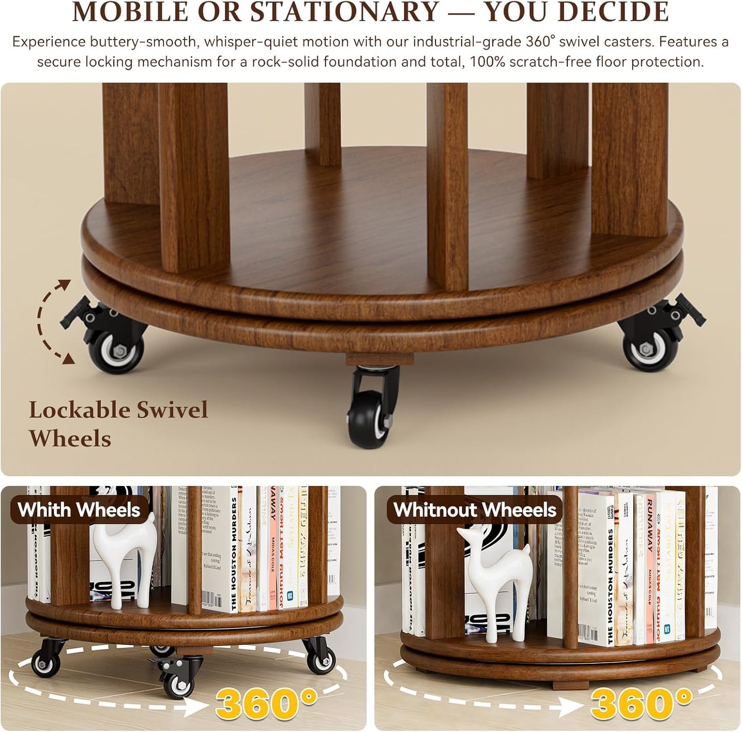 Rotating Bookshelf Towers Solid Wood Revolving Bookcase 6 Tier Tall Spinning Book Rack on Wheels Vertical Corner Book Organizer for Small Apartments, Bedrooms, Living Rooms, Reading Nooks, Hallways