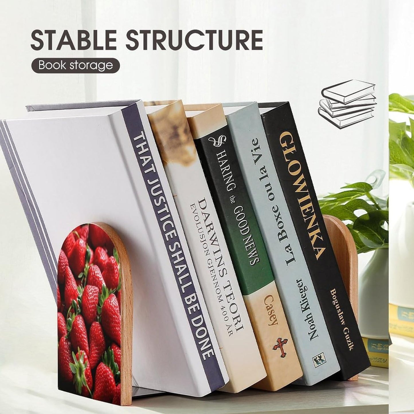 Fresh Strawberries Bookends 1 Pair Heavy Duty Book Ends for Shelves Non-Skid Bookend Supports Wooden Book Holders with Metal Base Desk Organizers Books Storage to Hold Books