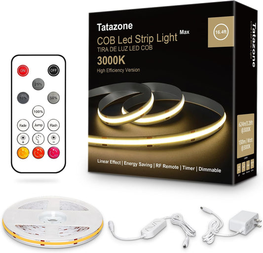 White COB Led Strip Lights Max with RF Remote, 16.4ft 3000K Dimmable Ultra Bright Warm White COB Light Strip, Adhesive Indoor COB Led Lights for Living Room, Shelf, Cabinet