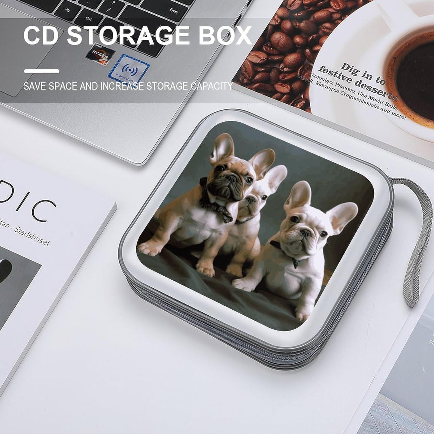 French Bulldog Puppies CD Case 40 Capacity Case Zipper CD Collection Bag with Handles Cover DVD Storage Hard Plastic DVD Disc Cases Storage Binder for Car Home Office Travel