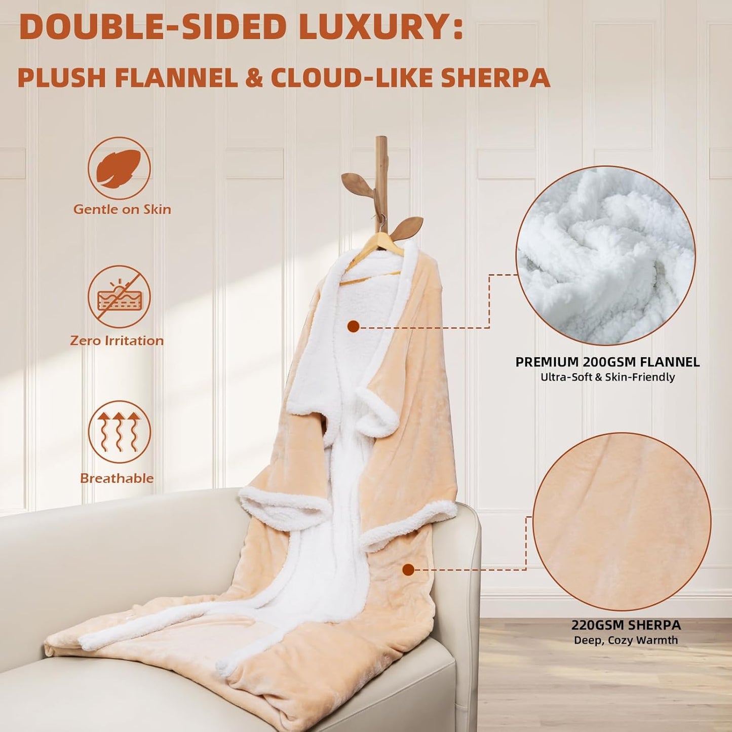 Butizone Heated Throw Blanket with Sleeves, Wearable Electric Blanket with Foot Pocket, 6 Adjustable Heat Settings, 70 * 50", Cozy Flannel and Sherpa, Beige