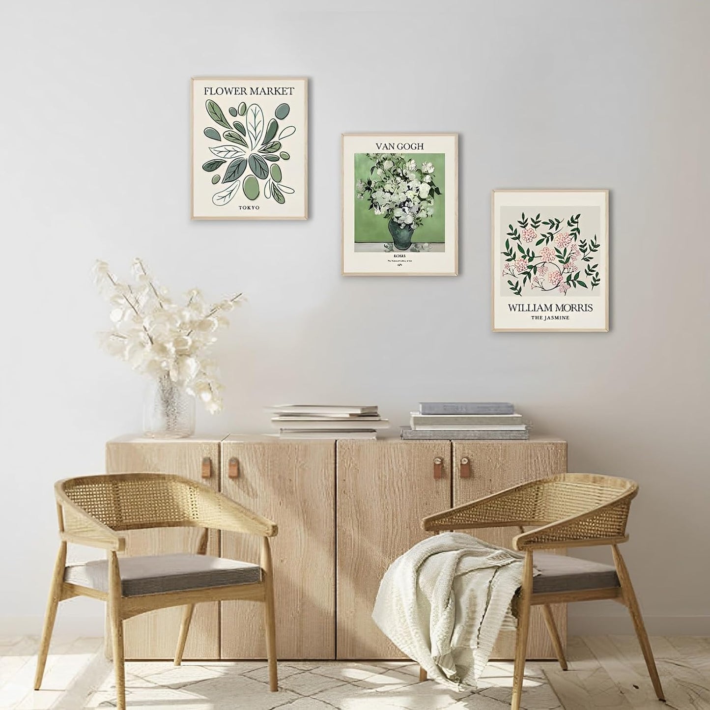 Canvas Trend Minimalist Boho Wall Art Set of 6, Flower Market Prints, Neutral Sage Green Botanical Wall Decor for Bedroom Living Room Bathroom, Modern Abstract Aesthetic Posters Unframed, 8x10inch