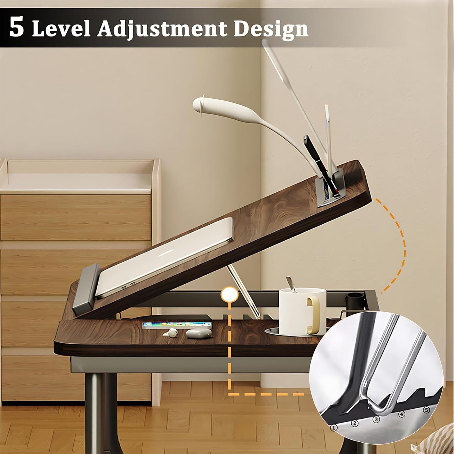 Adjustable Laptop Stand for Bed, Lap Desk, Portable Laptop Table with Cup and Tablet Card Slot, with Baffle Design to Prevent Items from Falling, Suitable for Studying and Working (Black-Upgraded)