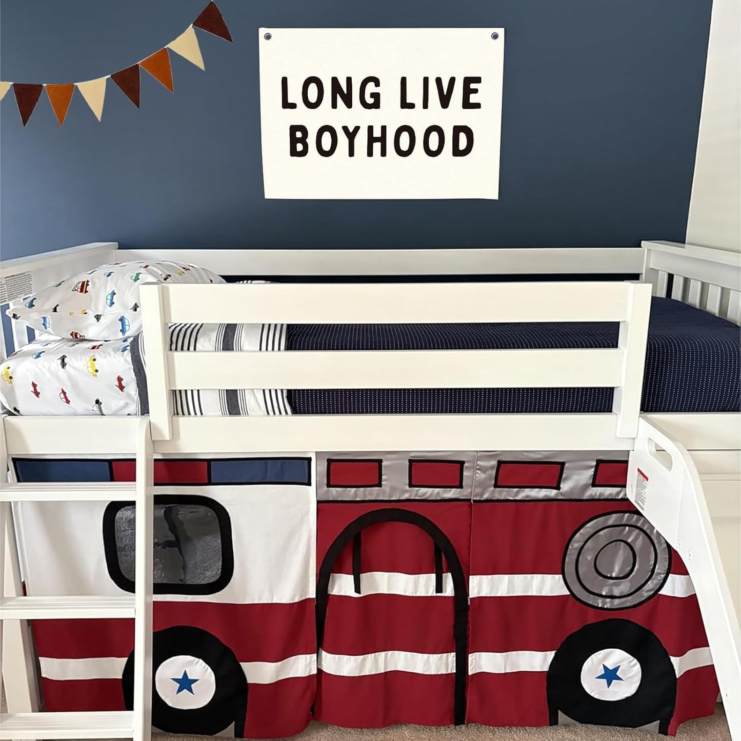 Long Live Boyhood Boys Room Decor Nursery Decor Linen Canvas Banner Wall Hanging Flag for Boys Bedroom Decoration Toddler Boy Room Nursery Wall Art 30x20 Inch with Neutral Felt Triangular Flags
