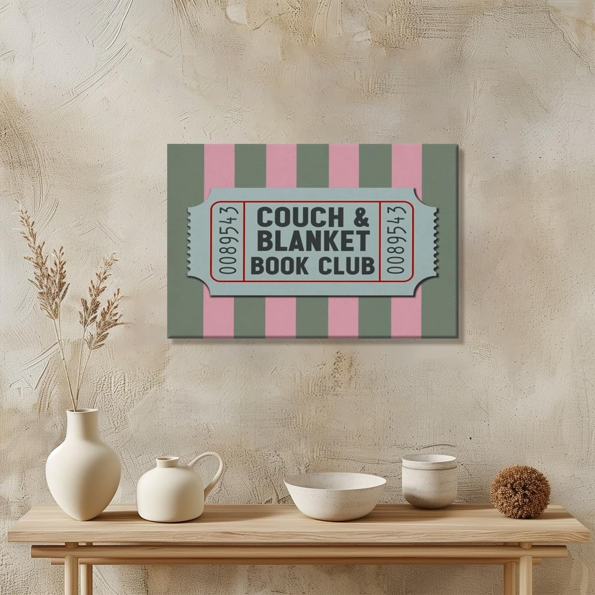Vintage Book Wall Art Couch Blanket Book Club Canvas Poster Retro Pink Green Stripes Print Reading Nook Library Decor Trendy Preppy Bookish Painting Picture for Dorm Bedroom 16x24inch Unframed