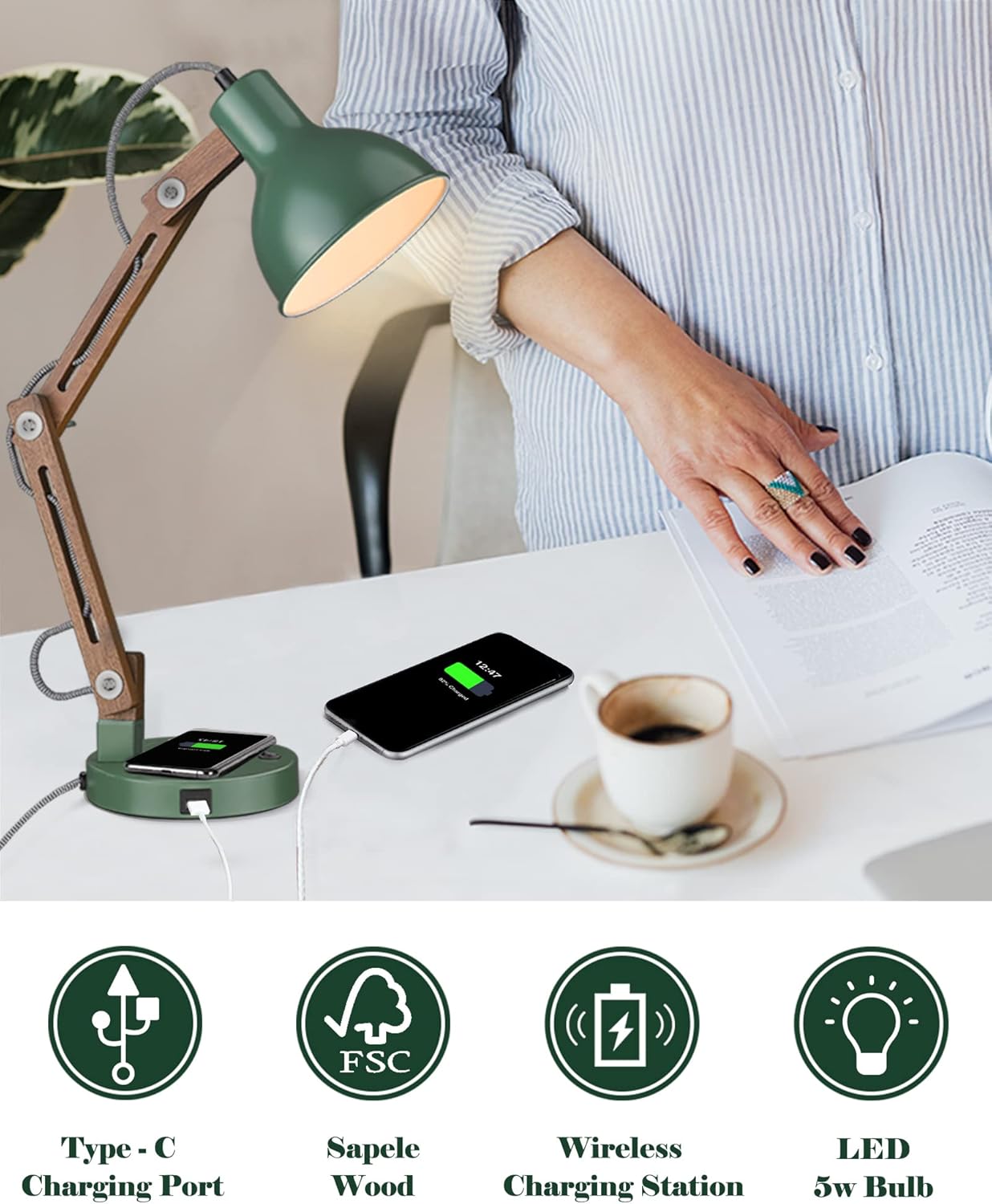 ELYONA LED Desk Lamp with Wireless Charger, Sapele Wood Reading Light with USB C Charging Port, Swing Arm Table Lamp for Home Office, College Dorm, Bedroom Living Room, Bulb Included, Vintage Green