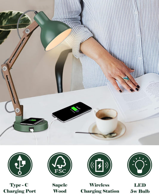 ELYONA LED Desk Lamp with Wireless Charger, Sapele Wood Reading Light with USB C Charging Port, Swing Arm Table Lamp for Home Office, College Dorm, Bedroom Living Room, Bulb Included, Vintage Green