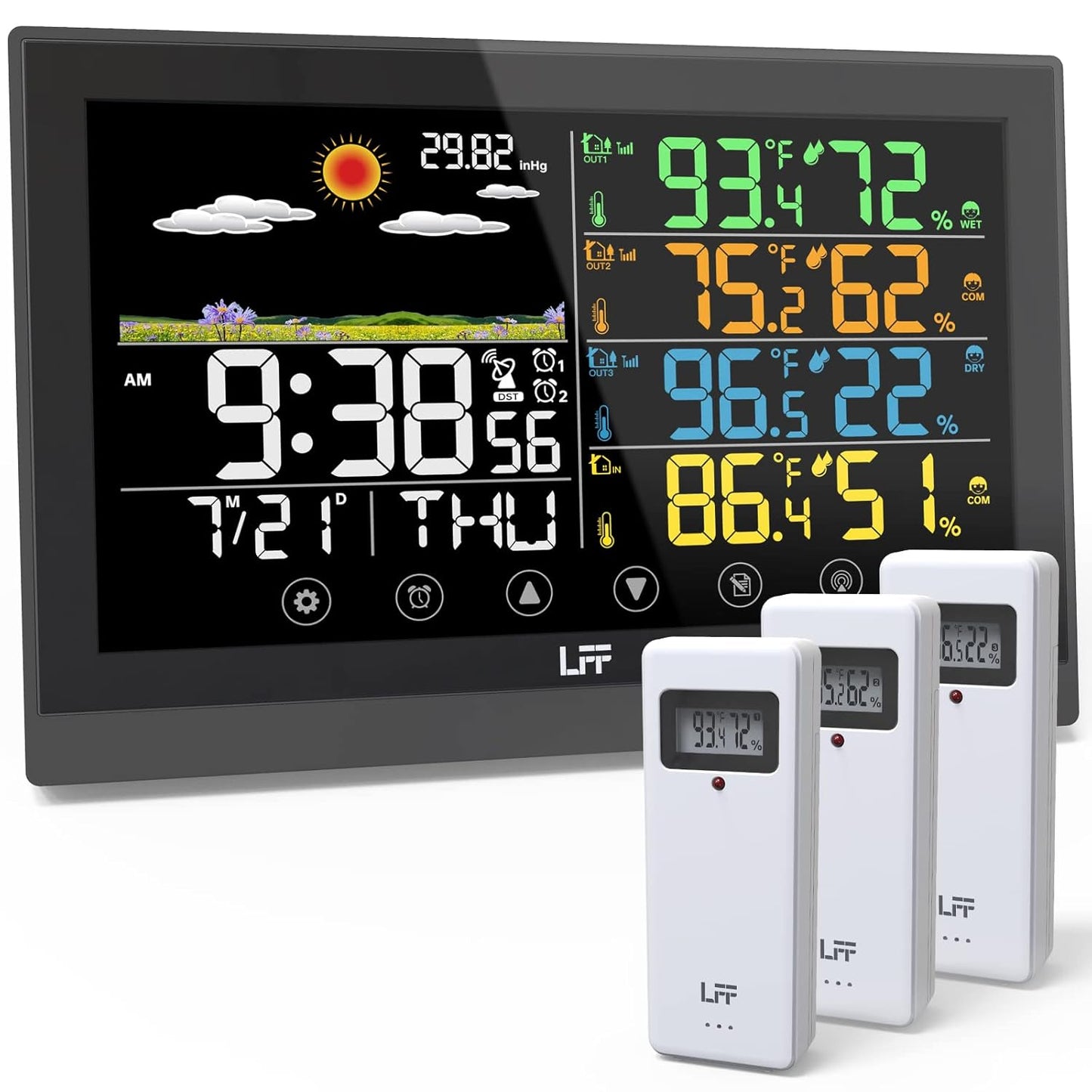 LFF Weather Station, Indoor Outdoor Weather Station Wireless with Multiple Sensors, Color Display Digital Atomic Clock Indoor Outdoor Thermometer Wireless, Forecast Station with Adjustable Backlight