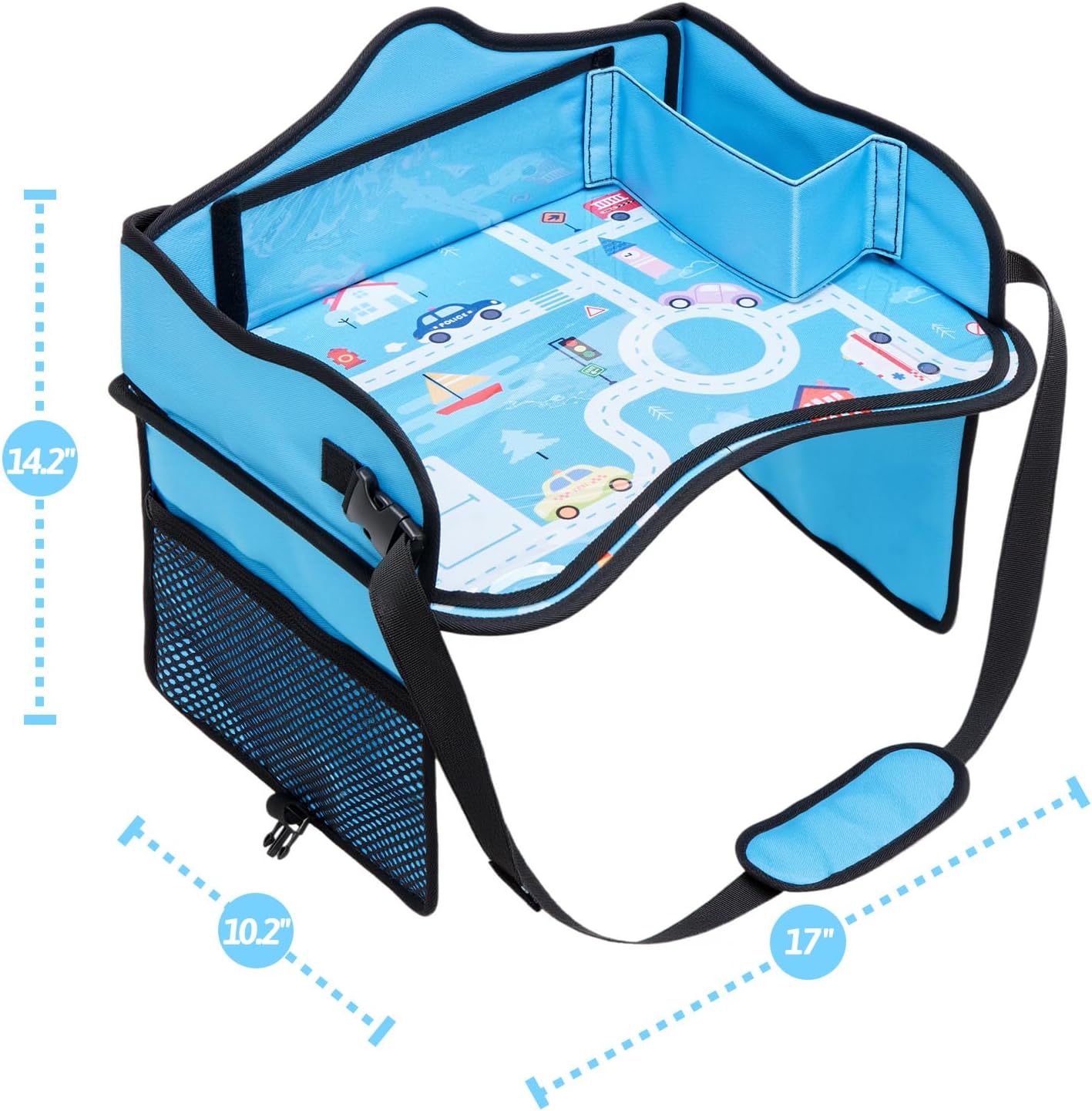 OUOZZZ Kids Travel Tray for Car - Boy's Safety Seat Table, Toddler Road Trip Essentials - Carseat/Airplane Lap Desk with Weight-Relief Strap, Non-Skid Silicone Base, Waterproof Dining/Craft Mat