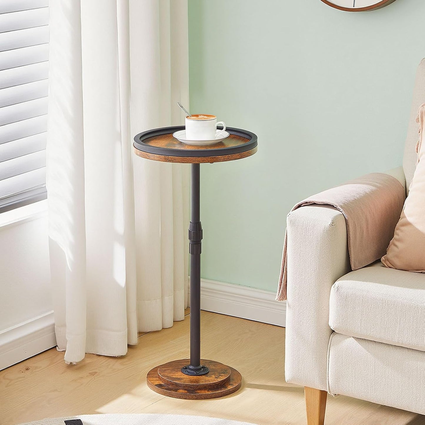 HOOBRO Small Round Side Table, Drink Table Height Adjustable, Coffee Martini Table with Stable Accent Pedestal for Small Spaces in Living Room, Bedroom, Sofa Couch, Rustic Brown BF268BZ01